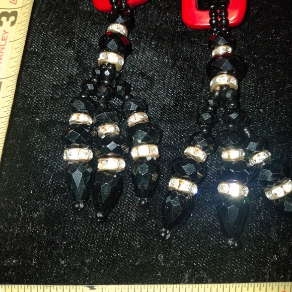 Iris Apfel & Bajalia Black, Red & Clear Rhinestone Tasseled Statement Earrings - Picture 6 of 11